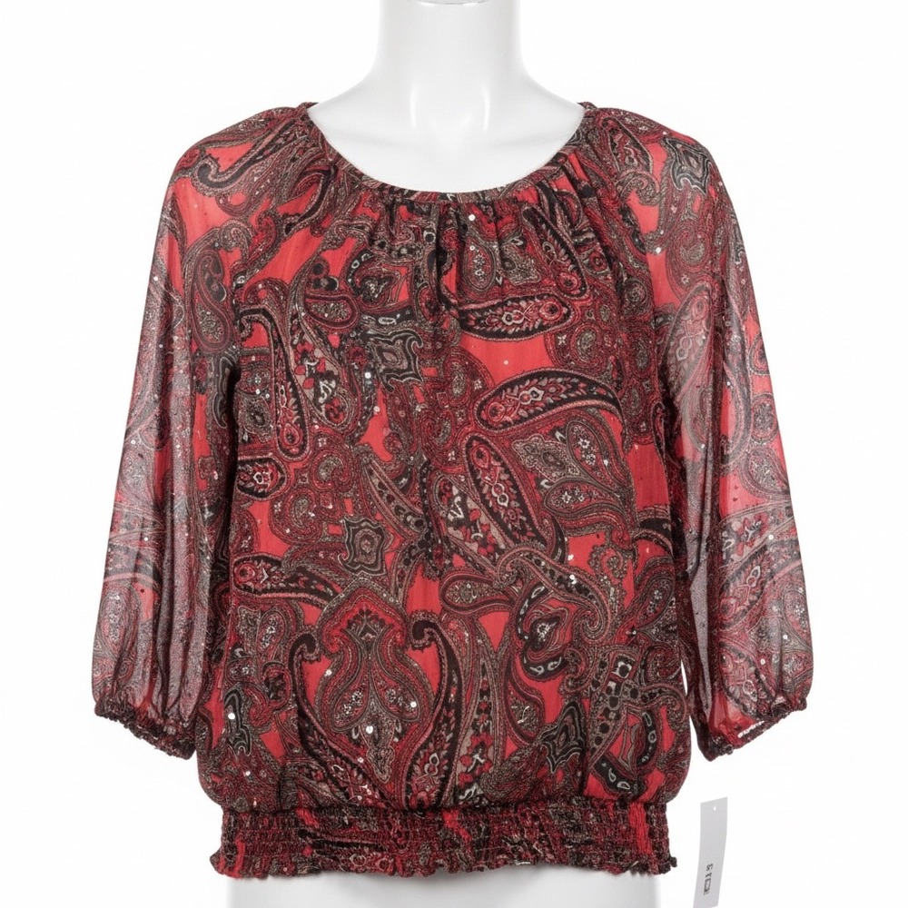 Cathy Daniels Sequin Paisley Blouse Large Red Black Mesh Sleeve Smock Hem Party